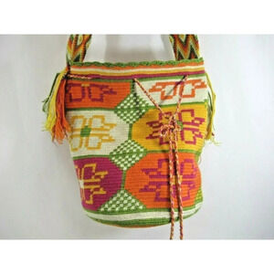 Wayúu Mochila Bag Purse Floral Woven Orange Pink Bucket Shoulder Straps Colombia